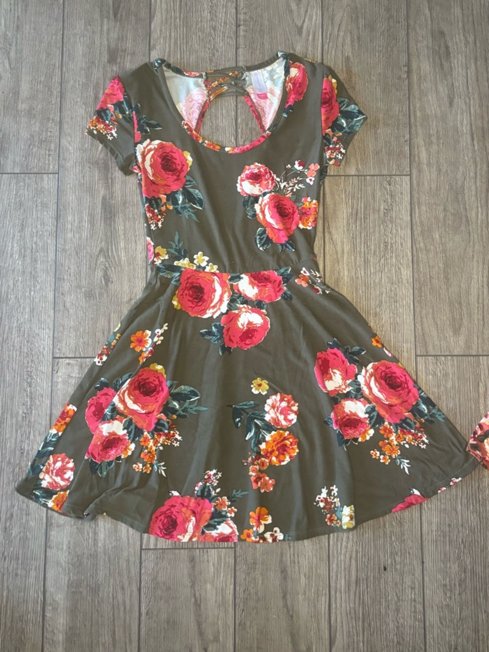 No Boundaries Olive Green Floral Dress with Pink and Red Accents